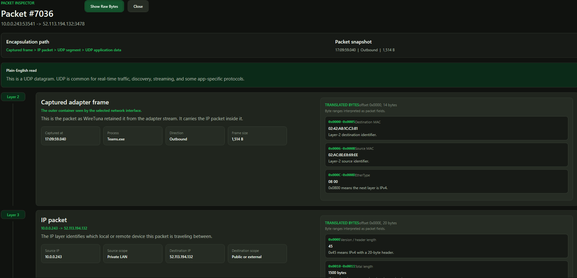 Translated packet dissection