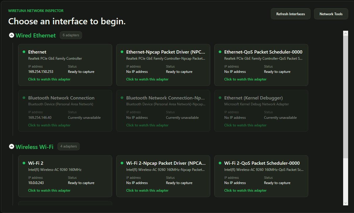 WireTuna start screen with interface selection